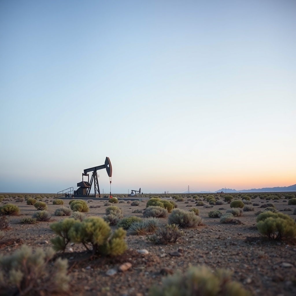 Unbranded pumpjack and production equipment at dawn in a dry western landscape