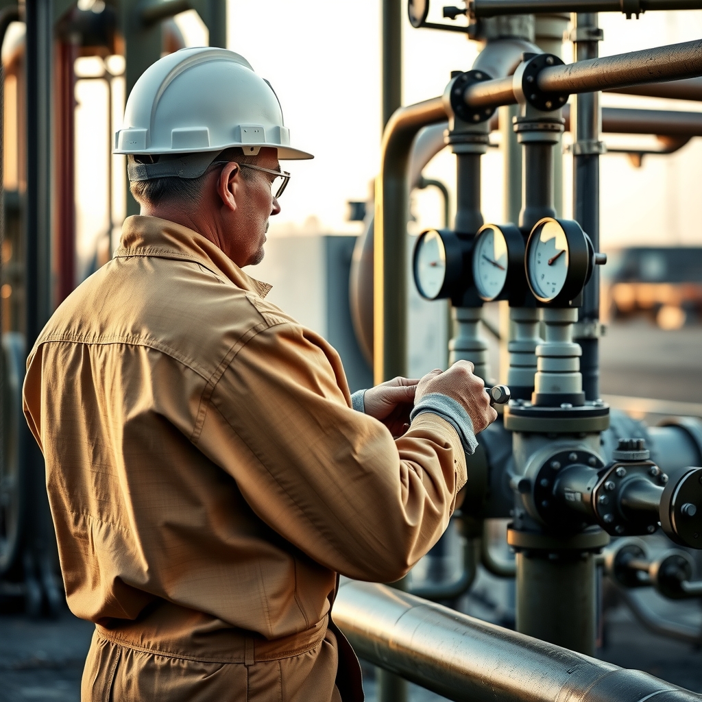 Unbranded field operator in protective equipment inspecting production valves